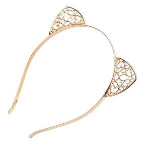 Cat Ear Crown Gold Hearts Headband Hair Band Rhinestone Hollow Cut Metal